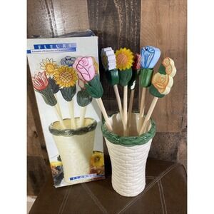 Wooden Cooking Utensil 6 Hand Painted Flower Handle Ceramic Basket Tool Holder
